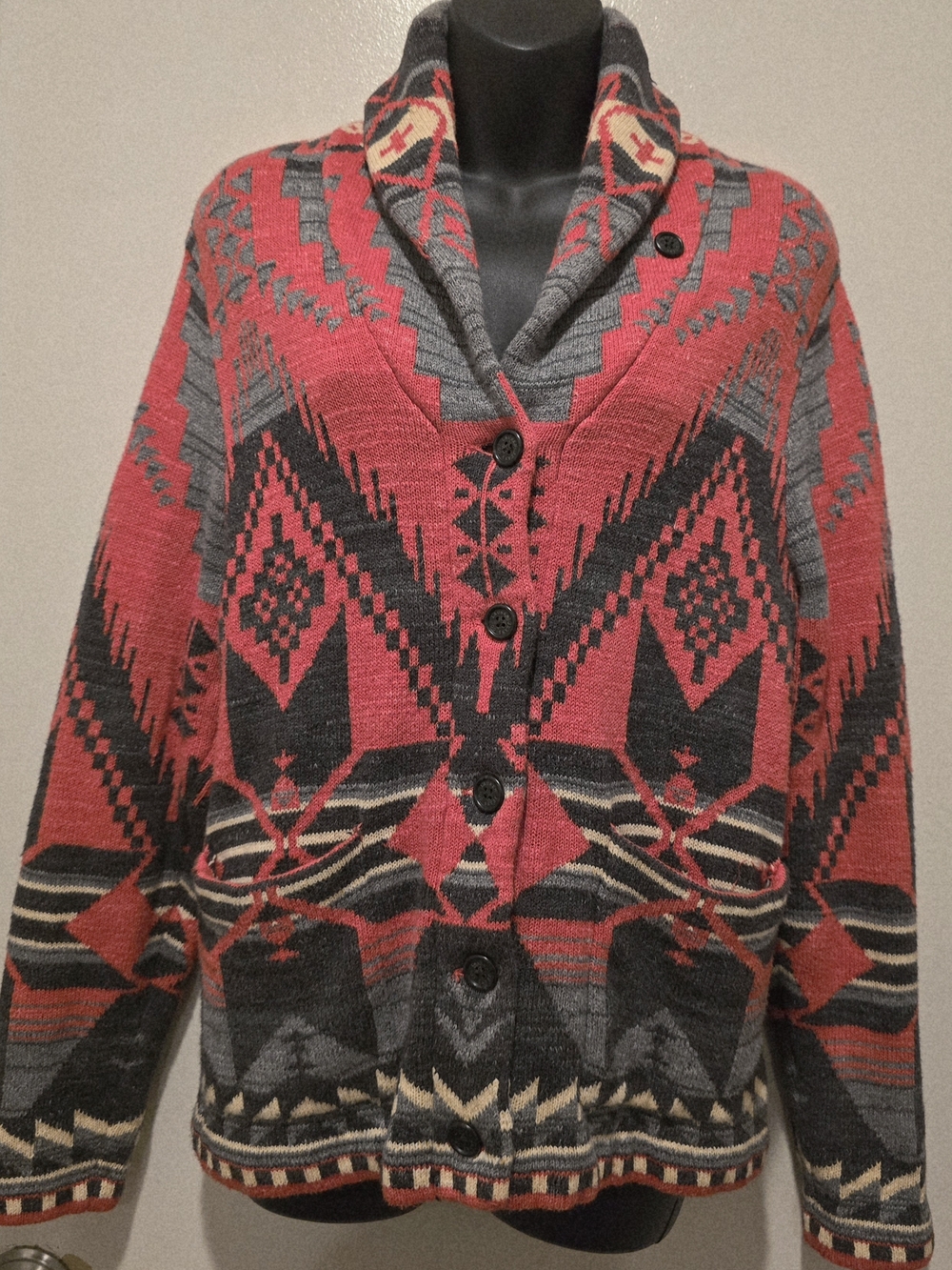 Lauren Ralph Lauren Red and Gray Aztec Shawl-Collar Button Cardigan